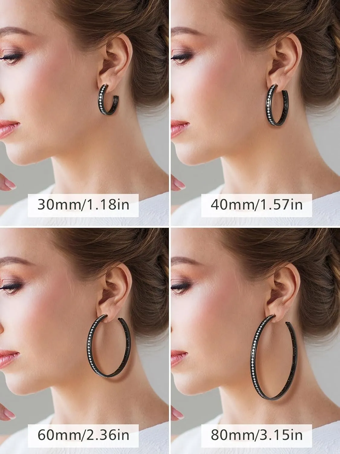 FindChic Sparkly Hoop Earrings for Women Stainless Steel/Gold Plated/Black Hoops with Cubic Zirconia Inlaid Hypoallegenic Jewelry 40mm/60mm/80mm Width, with Gift Box
