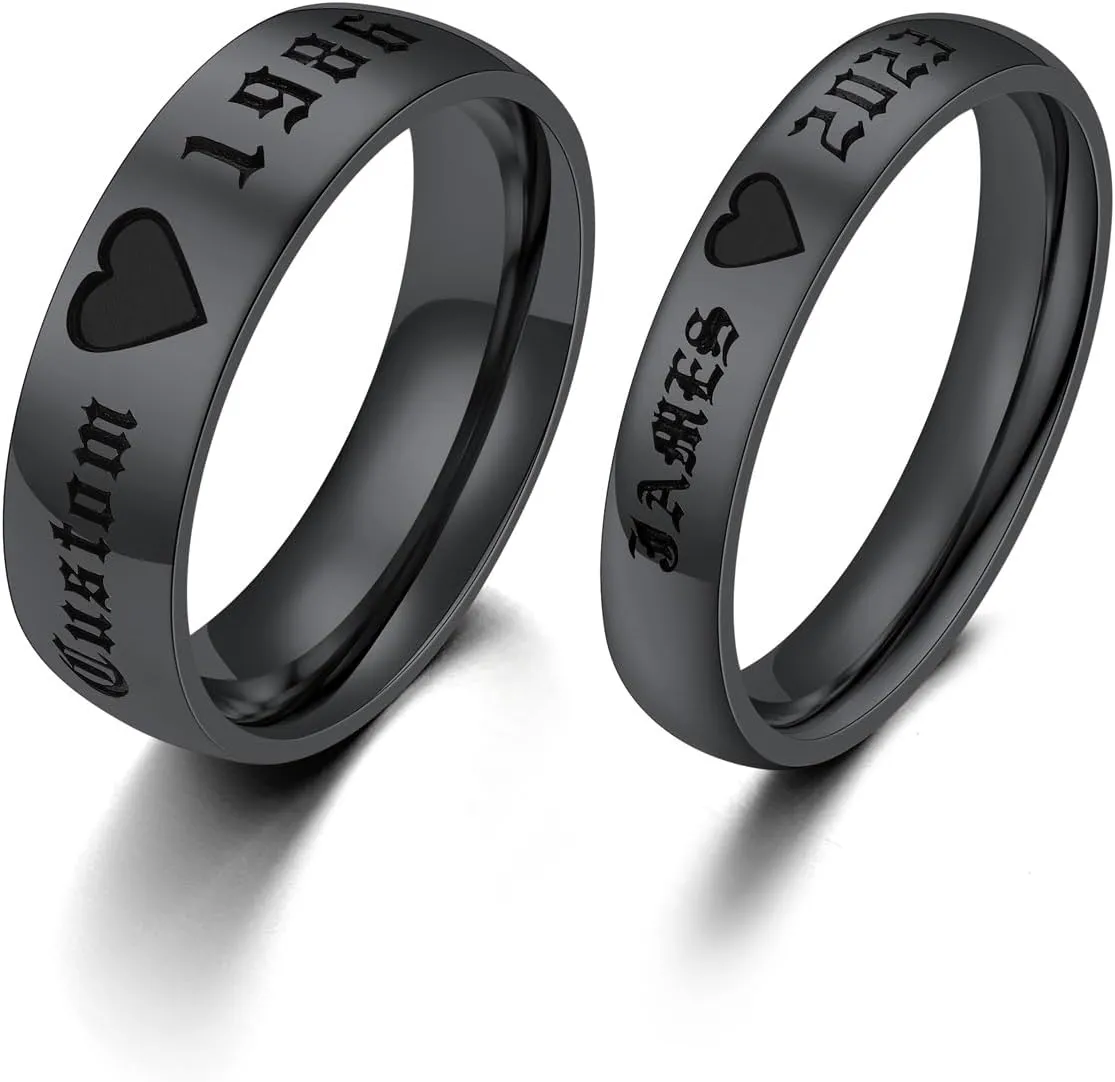 FindChic Stainless Steel Custom Couple Rings for Him and Her Wedding Ring Set Heart Matching Band Rings Customized Name Engraved Size 6 to 12 Couple Jewelry Valentine Gift, with Gift Box