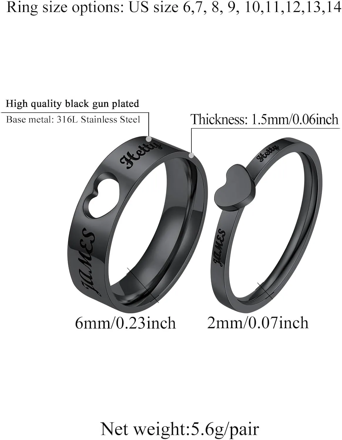 FindChic Stainless Steel Custom Couple Rings for Him and Her Wedding Ring Set Heart Matching Band Rings Customized Name Engraved Size 6 to 12 Couple Jewelry Valentine Gift, with Gift Box