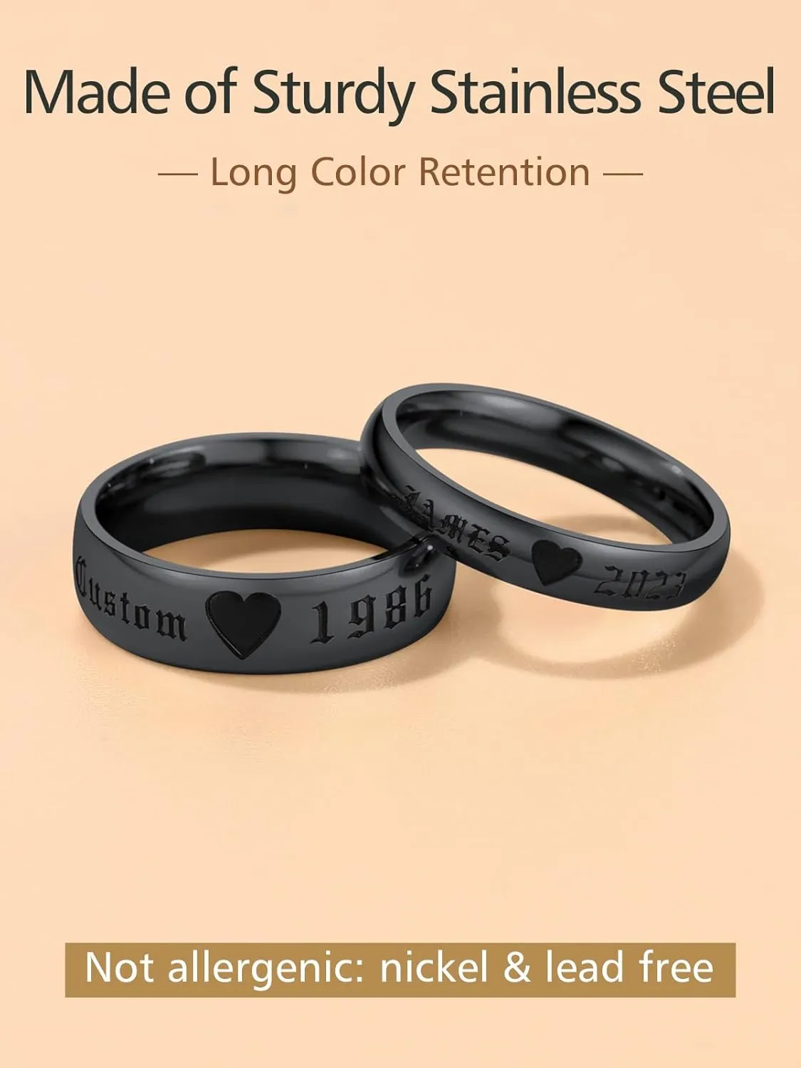 FindChic Stainless Steel Custom Couple Rings for Him and Her Wedding Ring Set Heart Matching Band Rings Customized Name Engraved Size 6 to 12 Couple Jewelry Valentine Gift, with Gift Box