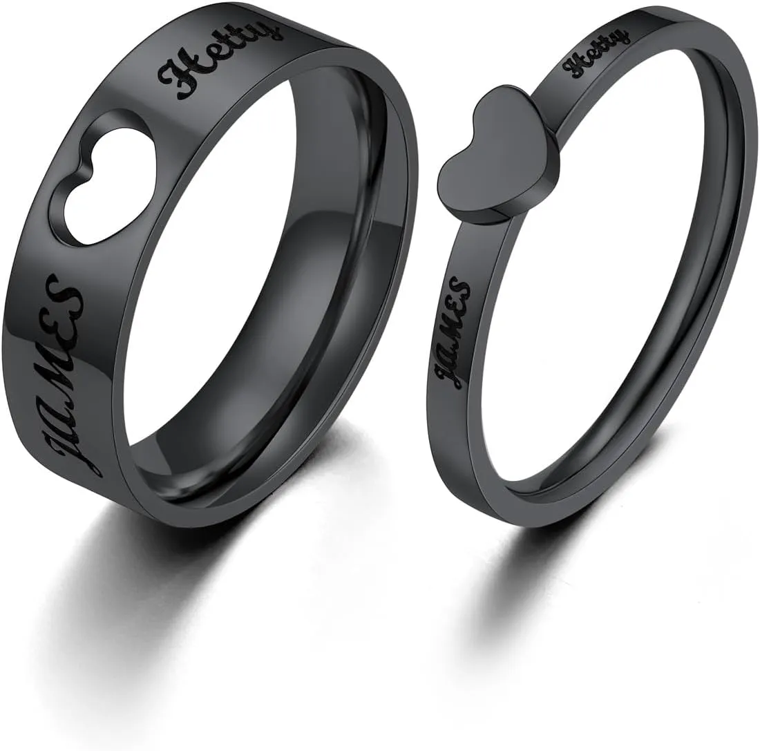 FindChic Stainless Steel Custom Couple Rings for Him and Her Wedding Ring Set Heart Matching Band Rings Customized Name Engraved Size 6 to 12 Couple Jewelry Valentine Gift, with Gift Box