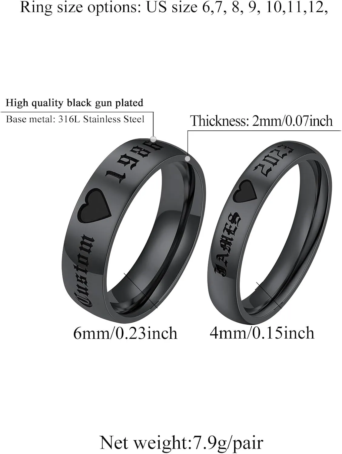 FindChic Stainless Steel Custom Couple Rings for Him and Her Wedding Ring Set Heart Matching Band Rings Customized Name Engraved Size 6 to 12 Couple Jewelry Valentine Gift, with Gift Box