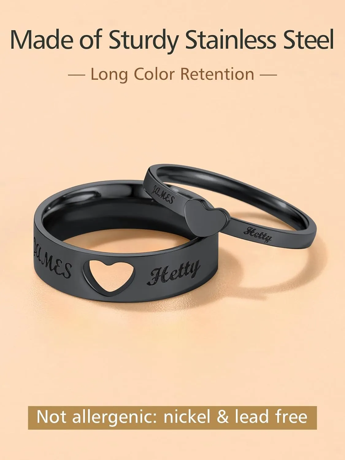 FindChic Stainless Steel Custom Couple Rings for Him and Her Wedding Ring Set Heart Matching Band Rings Customized Name Engraved Size 6 to 12 Couple Jewelry Valentine Gift, with Gift Box