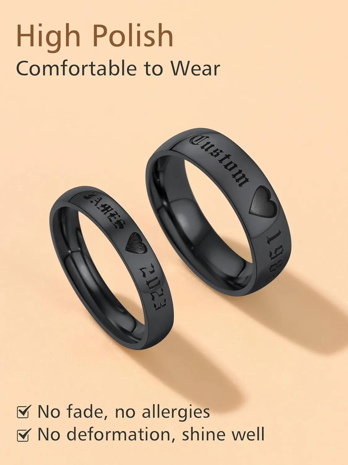 FindChic Stainless Steel Custom Couple Rings for Him and Her Wedding Ring Set Heart Matching Band Rings Customized Name Engraved Size 6 to 12 Couple Jewelry Valentine Gift, with Gift Box