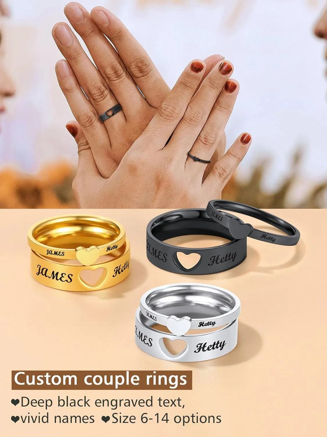 FindChic Stainless Steel Custom Couple Rings for Him and Her Wedding Ring Set Heart Matching Band Rings Customized Name Engraved Size 6 to 12 Couple Jewelry Valentine Gift, with Gift Box