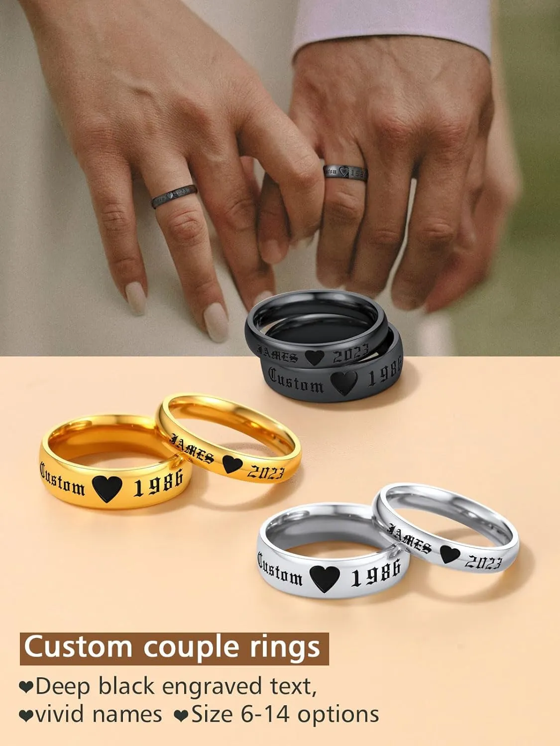 FindChic Stainless Steel Custom Couple Rings for Him and Her Wedding Ring Set Heart Matching Band Rings Customized Name Engraved Size 6 to 12 Couple Jewelry Valentine Gift, with Gift Box