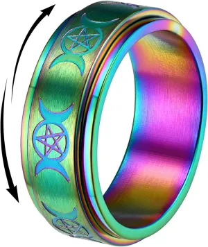 FindChic Stainless Steel Spinner Band Rings for Men Women Triple Moon/Trinity Celtic Knot Mixed Color/18K Gold Plated Width 8mm Size 7 to 14 Engraved Personalized Rotatable Anxiety Ring, Send Gift Box