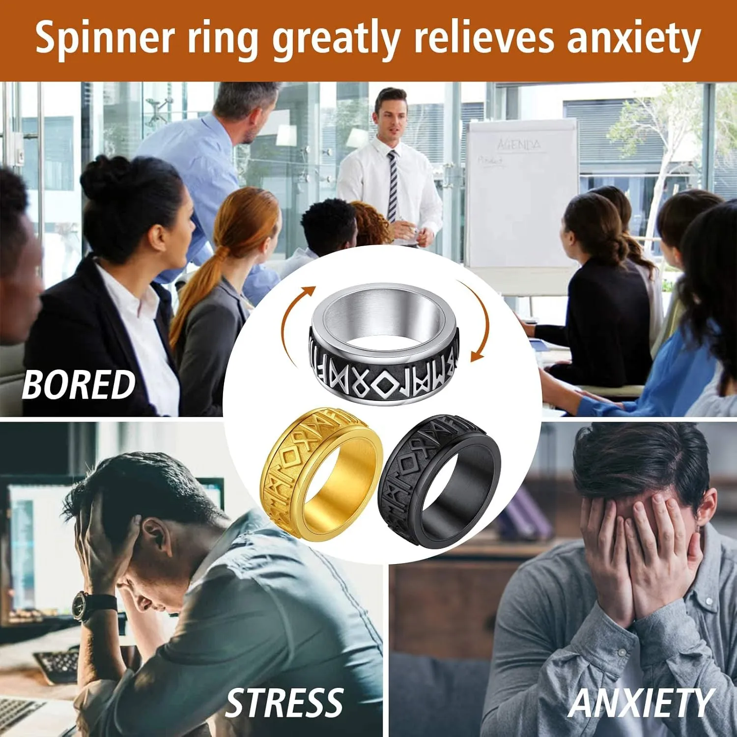 FindChic Stainless Steel Spinner Band Rings for Men Women Triple Moon/Trinity Celtic Knot Mixed Color/18K Gold Plated Width 8mm Size 7 to 14 Engraved Personalized Rotatable Anxiety Ring, Send Gift Box