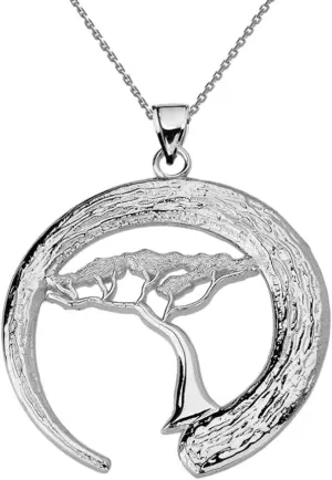 Fine Sterling Silver Japanese Buddhist Zen Circle with Bonsai Tree Pendant Necklace