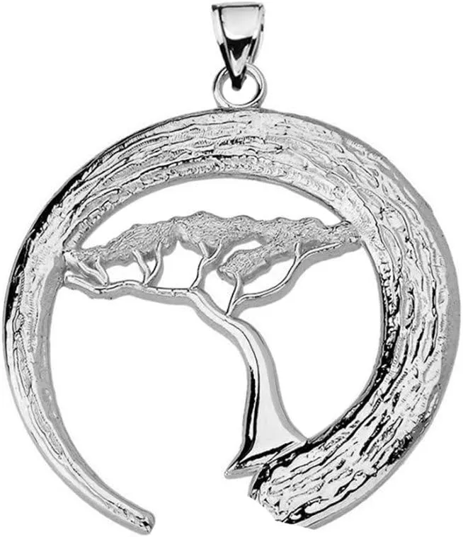 Fine Sterling Silver Japanese Buddhist Zen Circle with Bonsai Tree Pendant Necklace