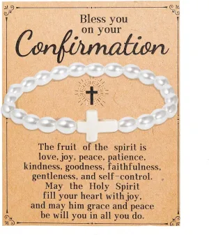 First Communion/Confirmation Gifts for Women Girls Goddaughter,Religious Christian Cross Charm Pearl Bead Bracelets Inspirational Jewelry Graduation Birthday Christmas Valentines Easter Baptism Gifts