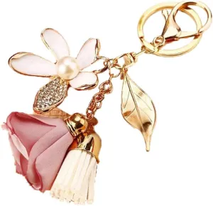 Flower Tassel Keychain Rhinestone Leaf Bag Pendant Car Keychain Charms Gift for Women and Girls