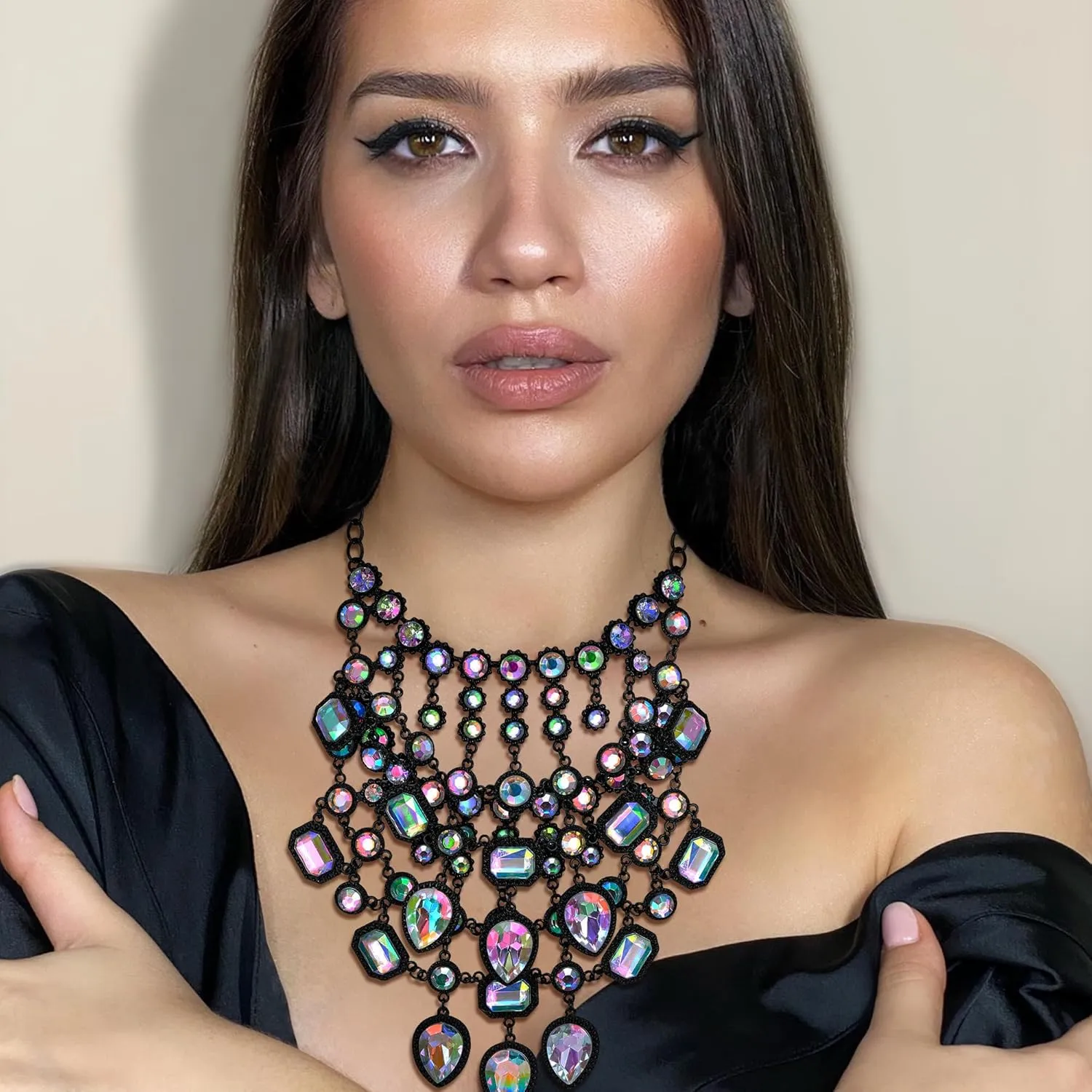 Flyonce Costume Jewelry Rhinestone Crystal Bib Statement Chunky Collar Necklace for Women