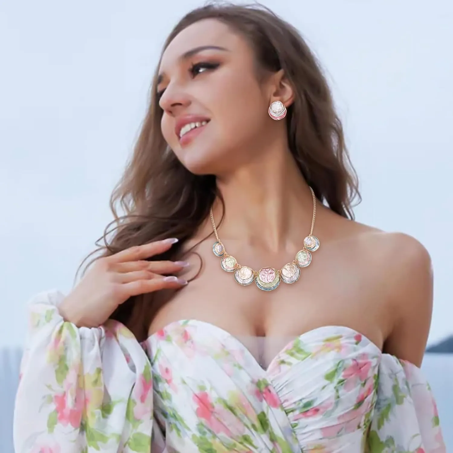 Flyonce Costume Statement Jewlery Sets for Women, Enamel Round Disc Necklace Earrings Set for Cocktail Prom Party