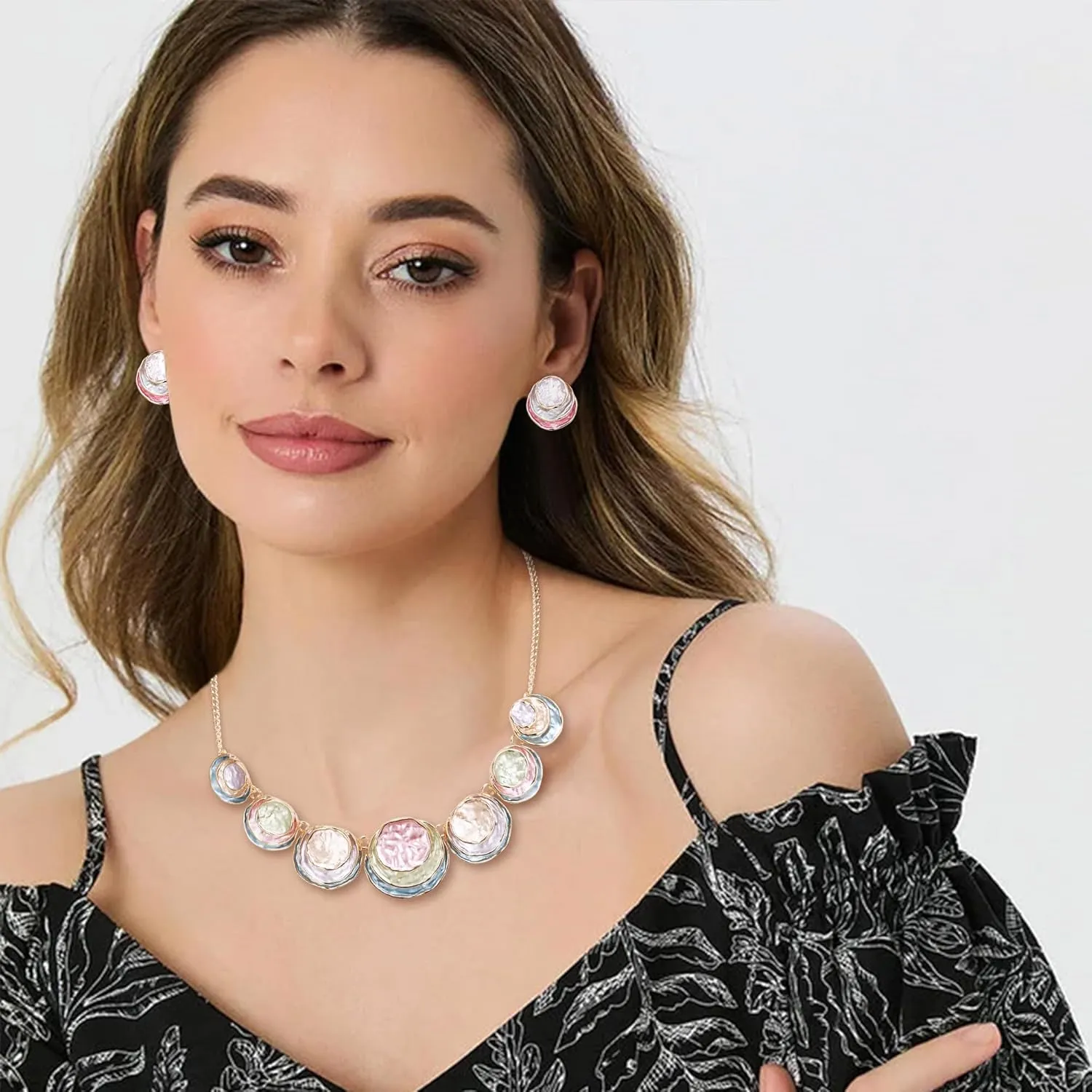 Flyonce Costume Statement Jewlery Sets for Women, Enamel Round Disc Necklace Earrings Set for Cocktail Prom Party