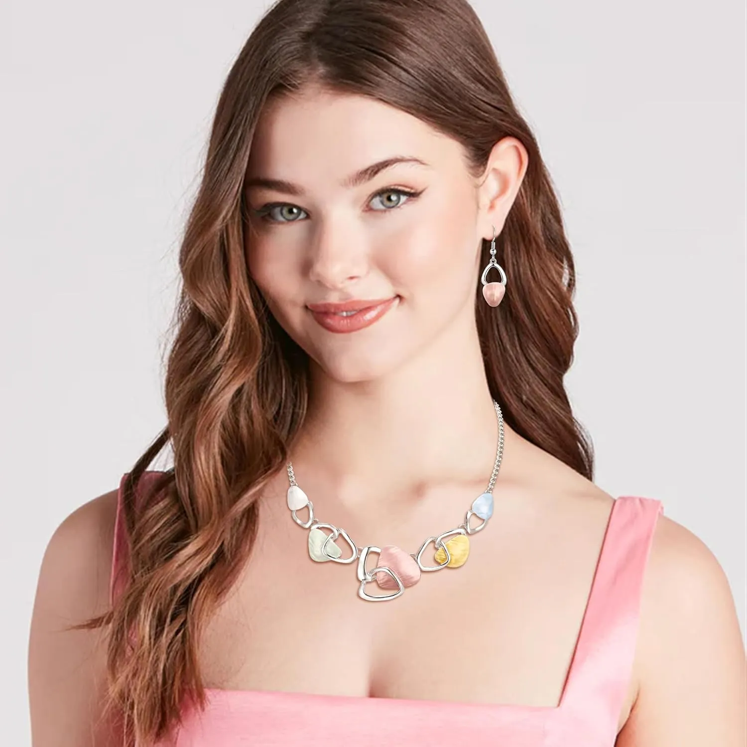 Flyonce Enamel Irregular Triangle Bohemian Boho Statement Jewelry Sets for Women, Fashion Costume Pendent Necklace Earring Set Jewerly Gifts for Lady