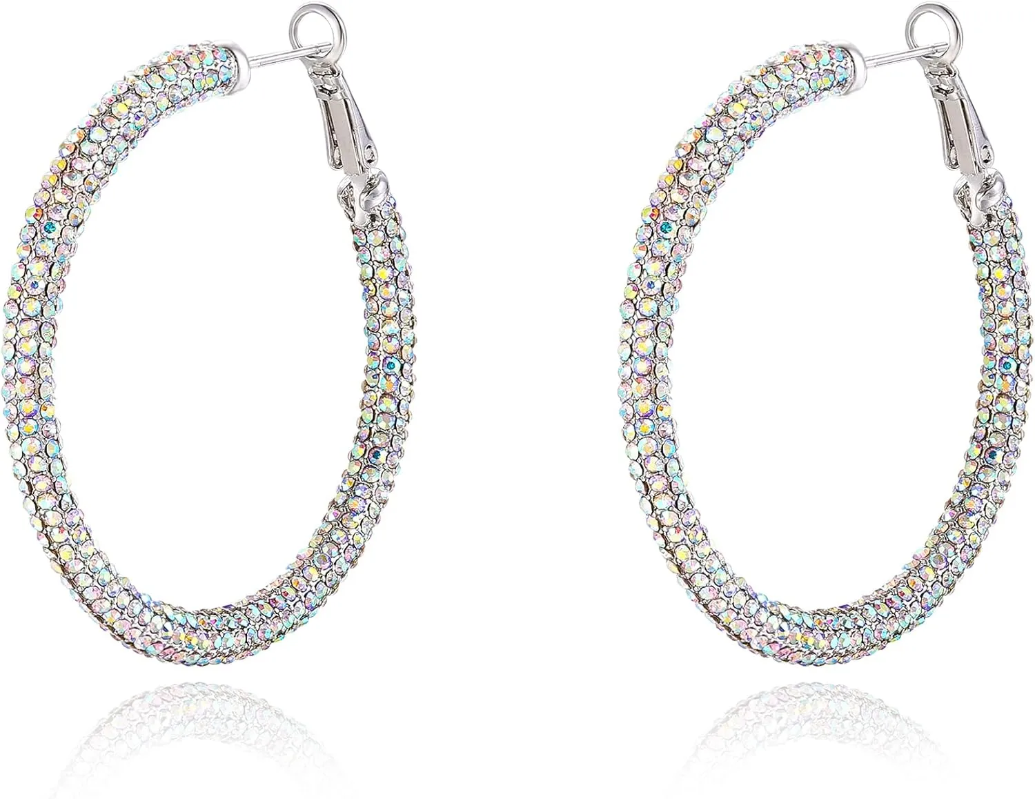 Flyonce Rhinestone Hoops Earring for Women, Sparkly Crystal Large Circle Pierced Hoop Earrings Irdescent Clear AB Silver-Tone