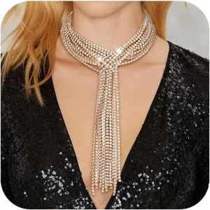 Flyonce Sparkly Rhinestone Multi Layered Choker Necklace Crystal Long Chunky Y-Necklace Jewelry Adjustable for Club Party Music Bar