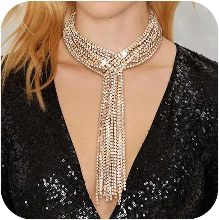 Flyonce Sparkly Rhinestone Multi Layered Choker Necklace Crystal Long Chunky Y-Necklace Jewelry Adjustable for Club Party Music Bar