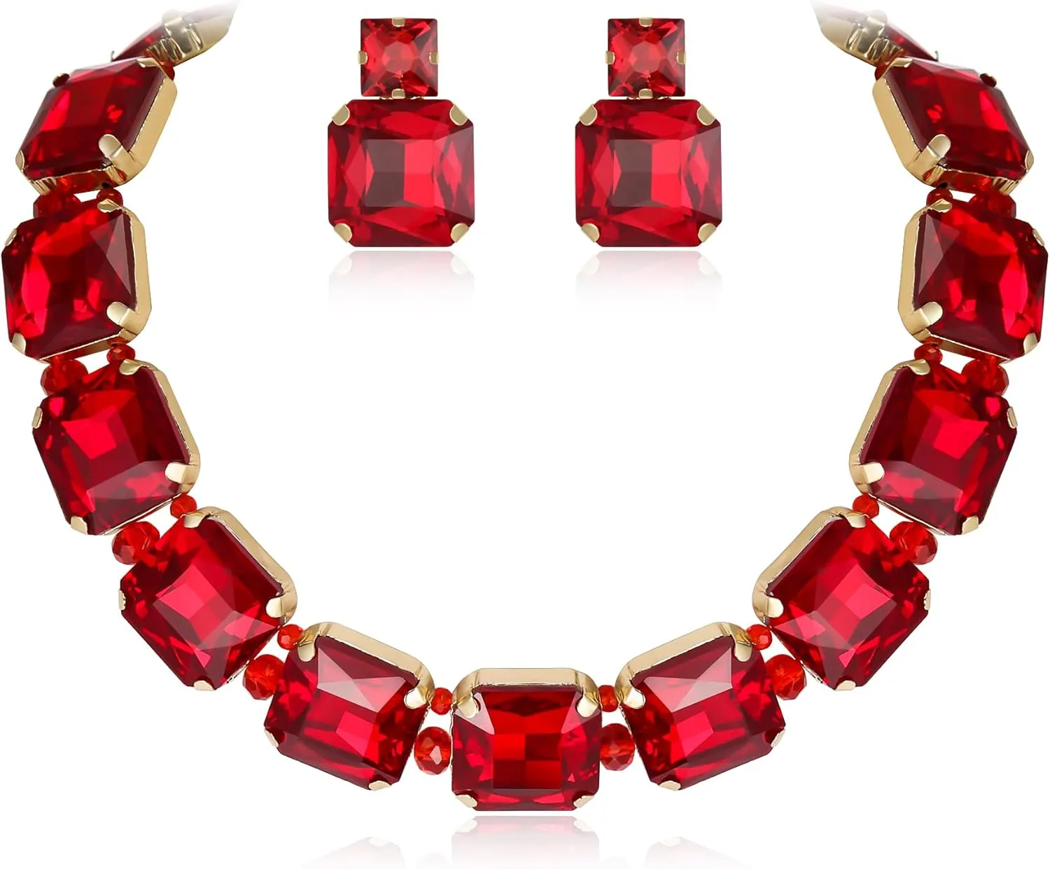 Flyonce Square Crystal Statement Jewelry Sets for Bride, Sparkly Rhinestone Choker Necklace Earrings Set for Women Red Gold-Tone