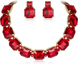 Flyonce Square Crystal Statement Jewelry Sets for Bride, Sparkly Rhinestone Choker Necklace Earrings Set for Women Red Gold-Tone