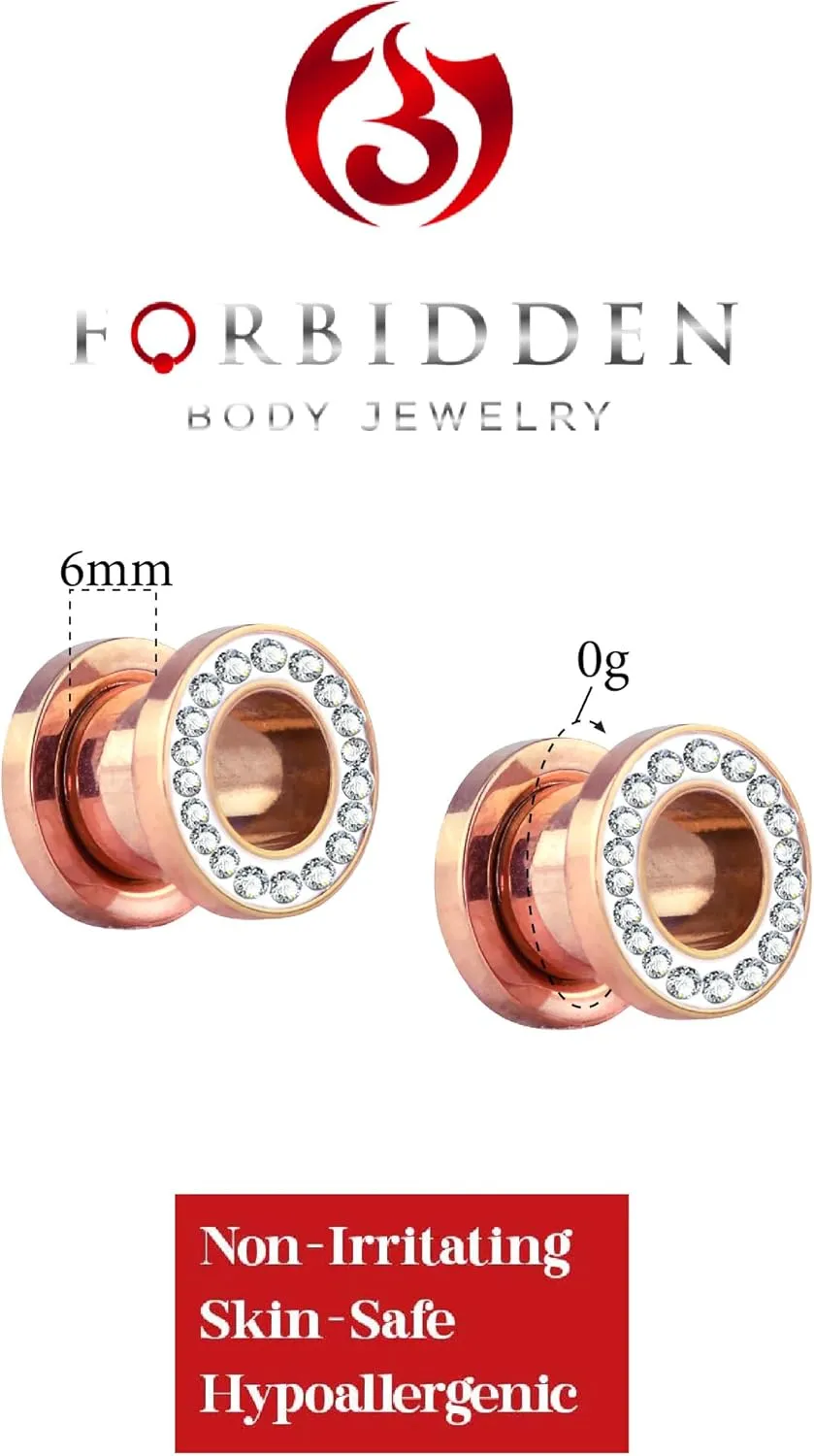 Forbidden Body Jewelry 0g Plugs, 0g Gauges, Gauges for a Wedding, Plug Gauges, Rhinestone Plugs, Rose Gold IP Surgical Steel Crystal Rimmed Screw Fit Cute Plugs