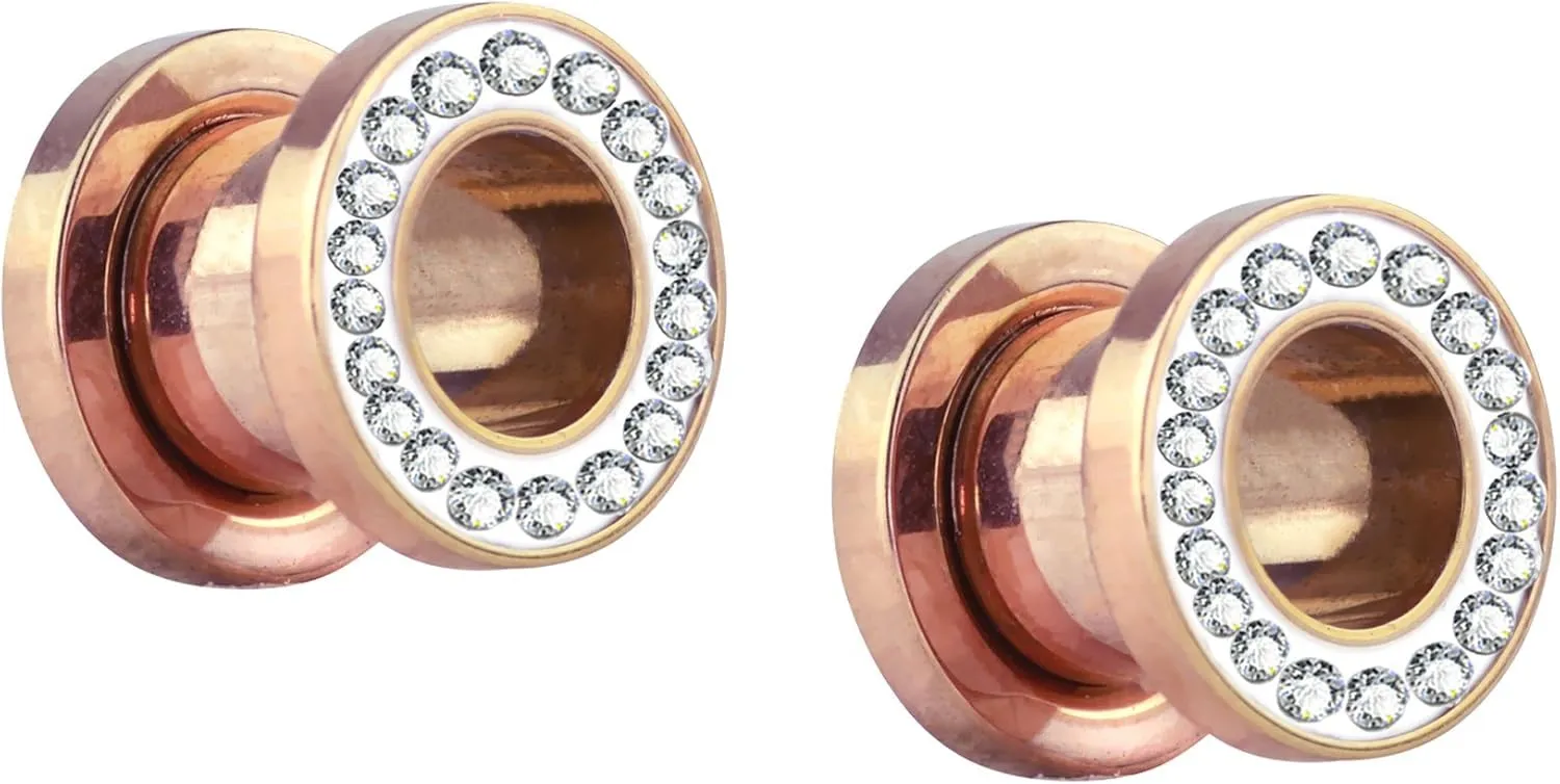 Forbidden Body Jewelry 0g Plugs, 0g Gauges, Gauges for a Wedding, Plug Gauges, Rhinestone Plugs, Rose Gold IP Surgical Steel Crystal Rimmed Screw Fit Cute Plugs