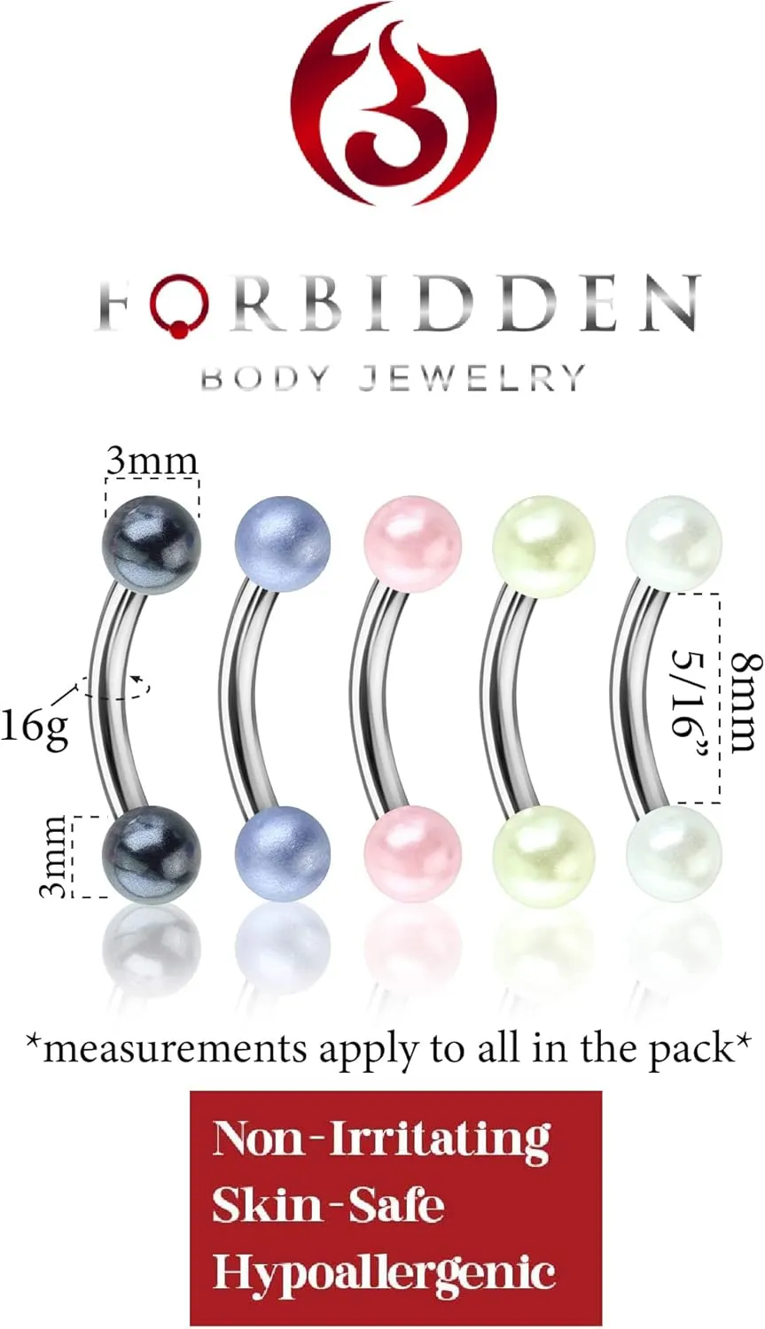 Forbidden Body Jewelry 16G Surgical Steel Curved Barbells for Eyebrow/Rook/Daith Piercing and More (5-Pack 8mm)
