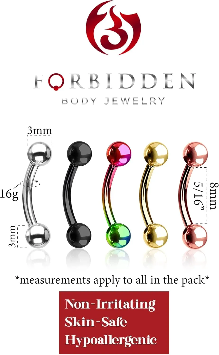 Forbidden Body Jewelry 16G Surgical Steel Curved Barbells for Eyebrow/Rook/Daith Piercing and More (5-Pack 8mm)
