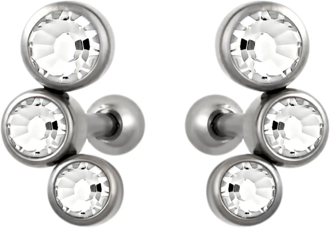 Forbidden Body Jewelry Set of Cartilage Stud Earrings: 16g 6mm Surgical Steel Triple CZ Clear Crystal Earrings