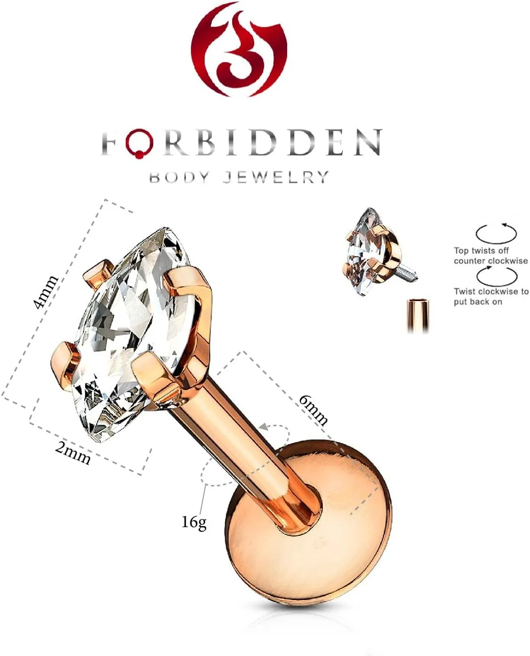 Forbidden Body Jewelry Tragus Earring, Labret Jewelry 16g, Tragus Piercing Jewelry Surgical Steel, Internally Threaded Surgical Steel Marquise CZ Labret Stud (Pick Color/Length)