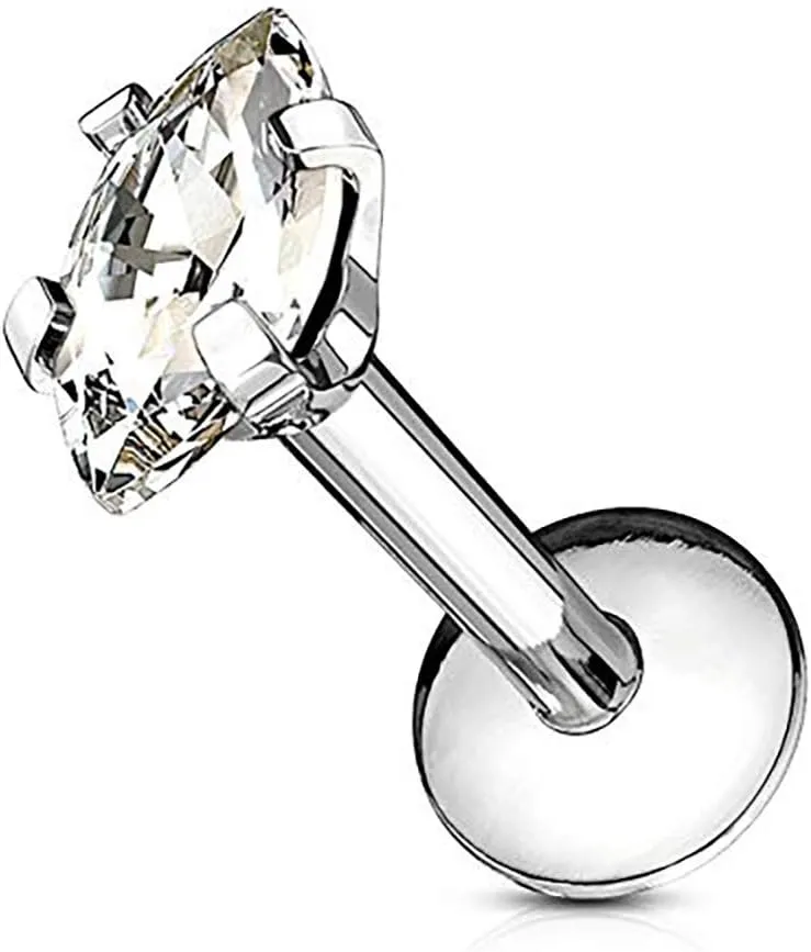 Forbidden Body Jewelry Tragus Earring, Labret Jewelry 16g, Tragus Piercing Jewelry Surgical Steel, Internally Threaded Surgical Steel Marquise CZ Labret Stud (Pick Color/Length)