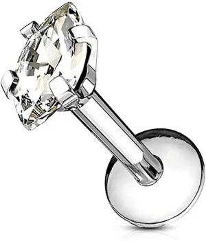 Forbidden Body Jewelry Tragus Earring, Labret Jewelry 16g, Tragus Piercing Jewelry Surgical Steel, Internally Threaded Surgical Steel Marquise CZ Labret Stud (Pick Color/Length)