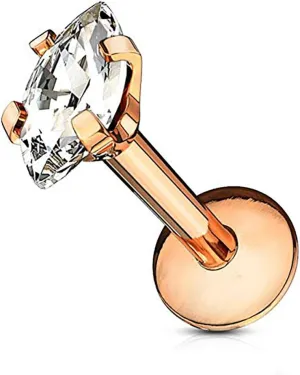 Forbidden Body Jewelry Tragus Earring, Labret Jewelry 16g, Tragus Piercing Jewelry Surgical Steel, Internally Threaded Surgical Steel Marquise CZ Labret Stud (Pick Color/Length)
