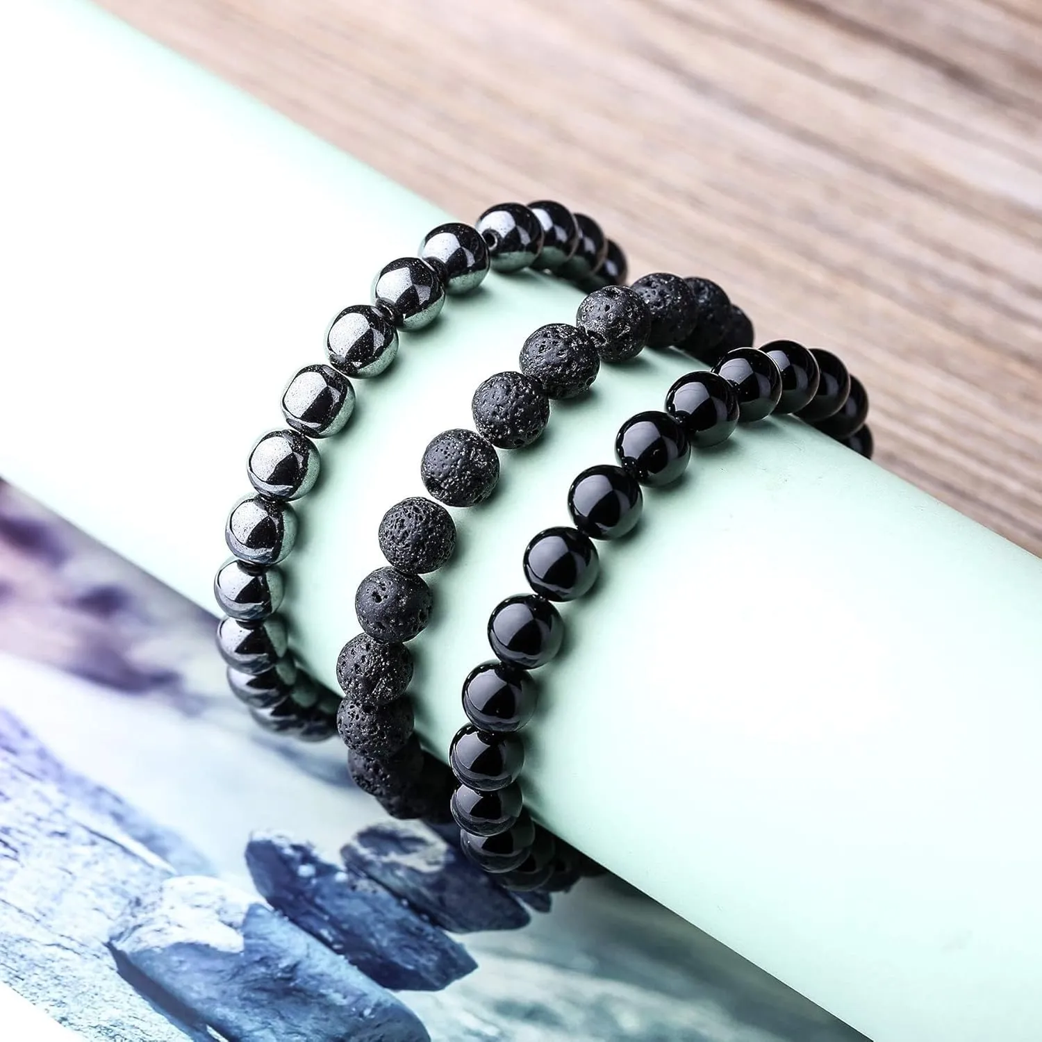FORUBUS Black Obsidian Hematite Stretch Bracelet, Stacking Hematite Beaded Bracelet for Women Men Jewelry