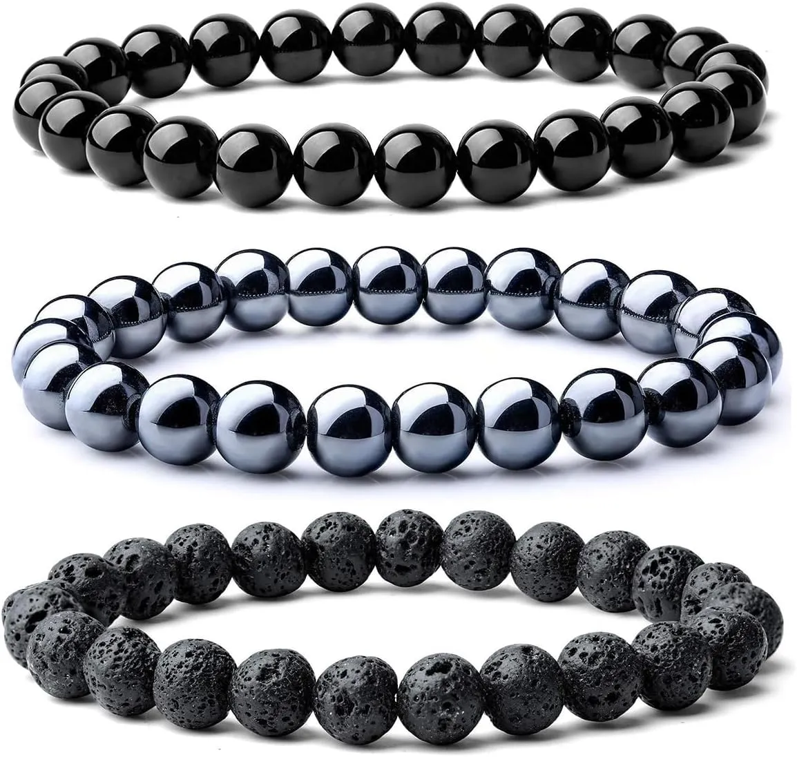 FORUBUS Black Obsidian Hematite Stretch Bracelet, Stacking Hematite Beaded Bracelet for Women Men Jewelry