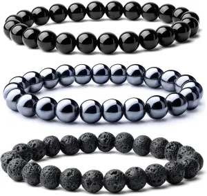 FORUBUS Black Obsidian Hematite Stretch Bracelet, Stacking Hematite Beaded Bracelet for Women Men Jewelry
