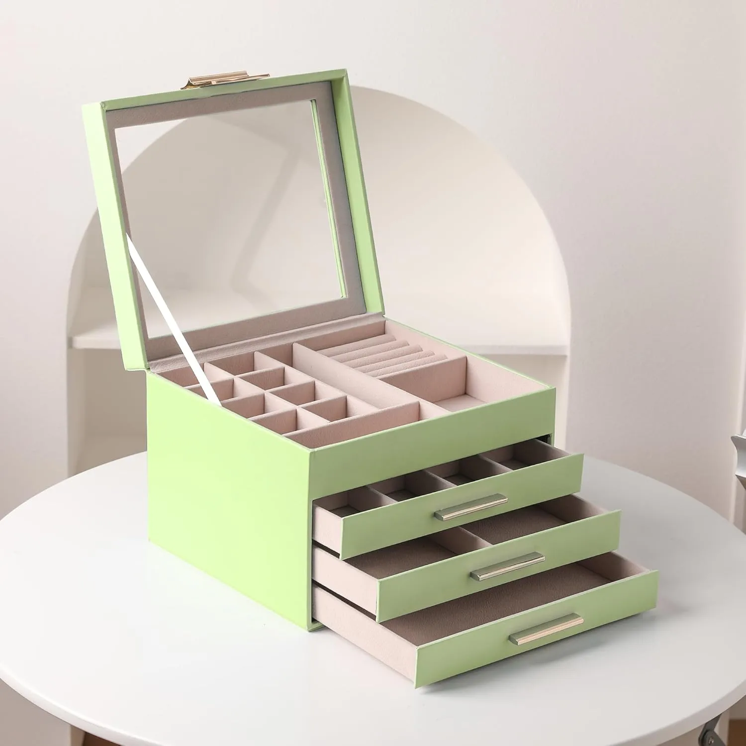 Frebeauty Clear Lid Jewelry Box,4 Layers Jewelry Organizer Large Multi-Functional Jewelry Storage Box with 3 Drawers,Jewelry Display Case of Rings Bracelets for Women Girls (Avocado Green)