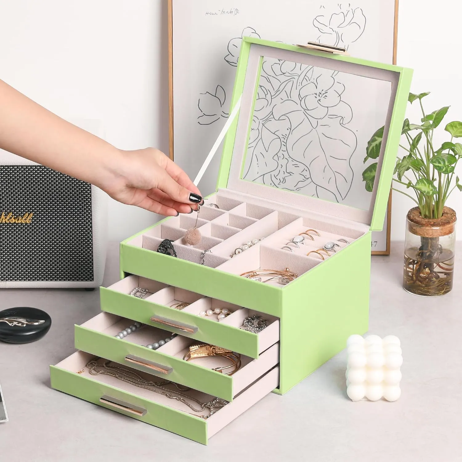 Frebeauty Clear Lid Jewelry Box,4 Layers Jewelry Organizer Large Multi-Functional Jewelry Storage Box with 3 Drawers,Jewelry Display Case of Rings Bracelets for Women Girls (Avocado Green)