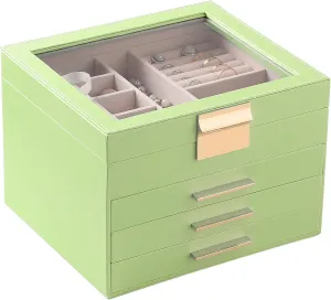 Frebeauty Clear Lid Jewelry Box,4 Layers Jewelry Organizer Large Multi-Functional Jewelry Storage Box with 3 Drawers,Jewelry Display Case of Rings Bracelets for Women Girls (Avocado Green)