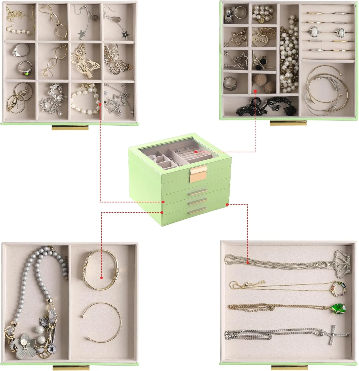 Frebeauty Clear Lid Jewelry Box,4 Layers Jewelry Organizer Large Multi-Functional Jewelry Storage Box with 3 Drawers,Jewelry Display Case of Rings Bracelets for Women Girls (Avocado Green)