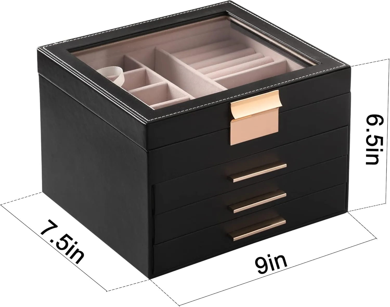 Frebeauty Clear Lid Jewelry Box,4 Layers Jewelry Organizer Large Multi-Functional Jewelry Storage Box with 3 Drawers,Jewelry Display Case of Rings Earrings Necklace Bracelets for Women Girls(Black)