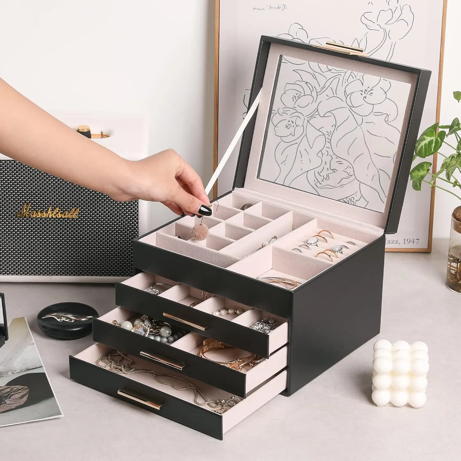 Frebeauty Clear Lid Jewelry Box,4 Layers Jewelry Organizer Large Multi-Functional Jewelry Storage Box with 3 Drawers,Jewelry Display Case of Rings Earrings Necklace Bracelets for Women Girls(Black)