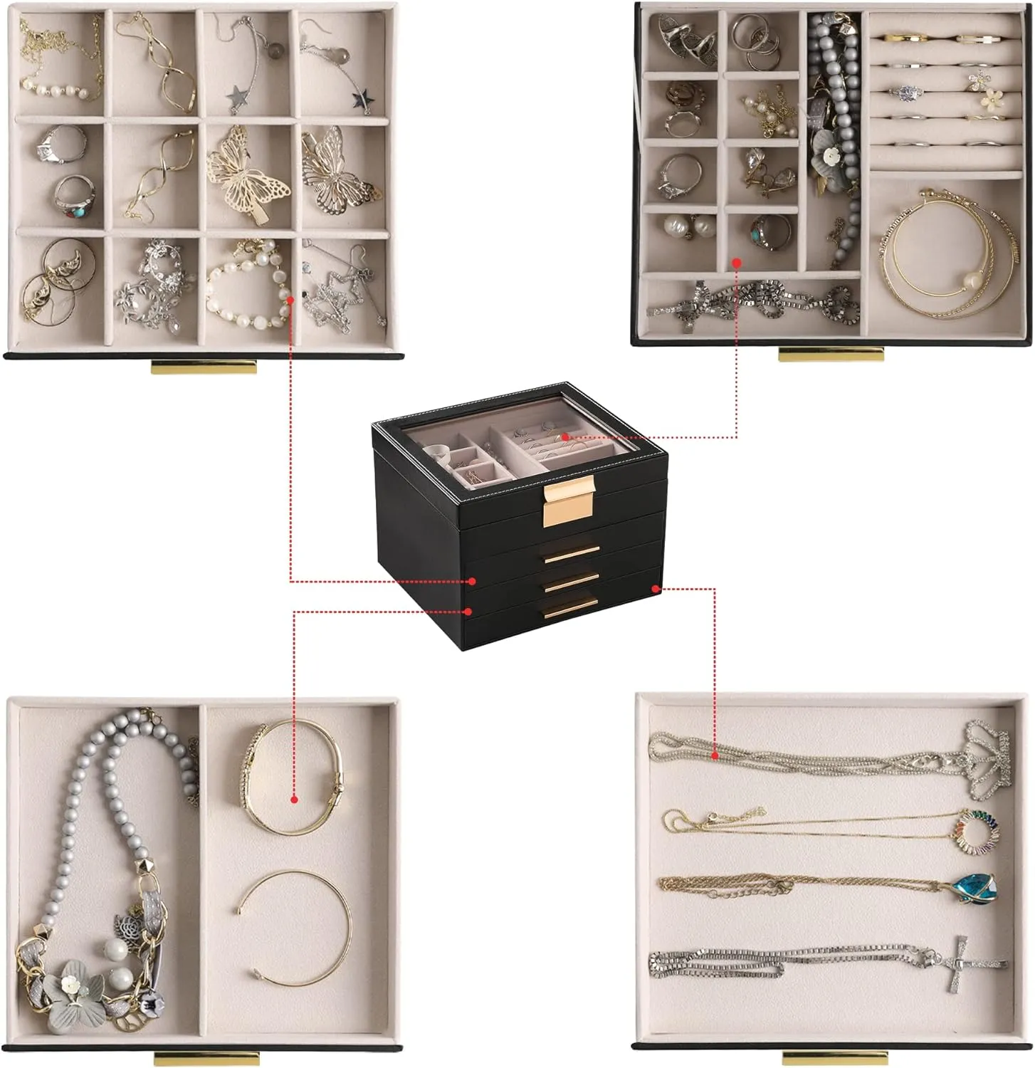 Frebeauty Clear Lid Jewelry Box,4 Layers Jewelry Organizer Large Multi-Functional Jewelry Storage Box with 3 Drawers,Jewelry Display Case of Rings Earrings Necklace Bracelets for Women Girls(Black)