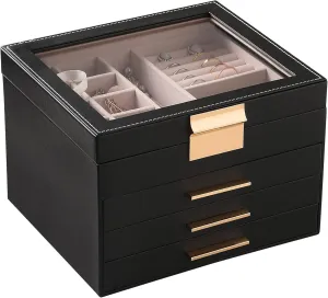 Frebeauty Clear Lid Jewelry Box,4 Layers Jewelry Organizer Large Multi-Functional Jewelry Storage Box with 3 Drawers,Jewelry Display Case of Rings Earrings Necklace Bracelets for Women Girls(Black)