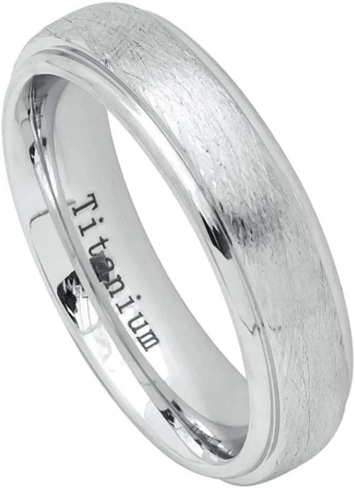 Free Engraving Ring for Men and Ring for Women Titanium Band Rings 6mm White IP Plated Titanium Ring with Ice Finish Beveled Edge Wedding Band Ring Ideal Rings for Couples/Ring for Engagement
