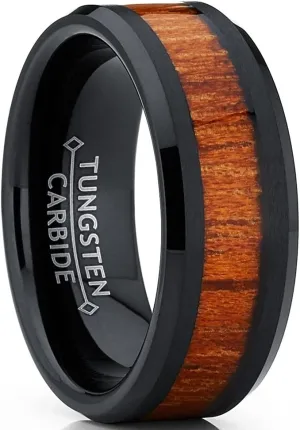 Free Personalized laser engraving Ring for Men and Ring for Women Ceramic Band Rings 9mm Pipe-Cut Black Ceramic Ring with Hawaiian Koa Inlay Wedding Band Ring Ideal Rings for couples