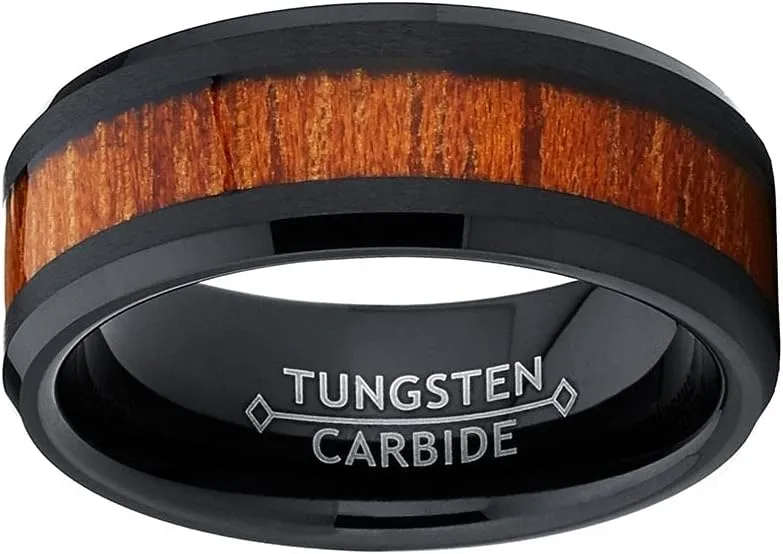 Free Personalized laser engraving Ring for Men and Ring for Women Ceramic Band Rings 9mm Pipe-Cut Black Ceramic Ring with Hawaiian Koa Inlay Wedding Band Ring Ideal Rings for couples