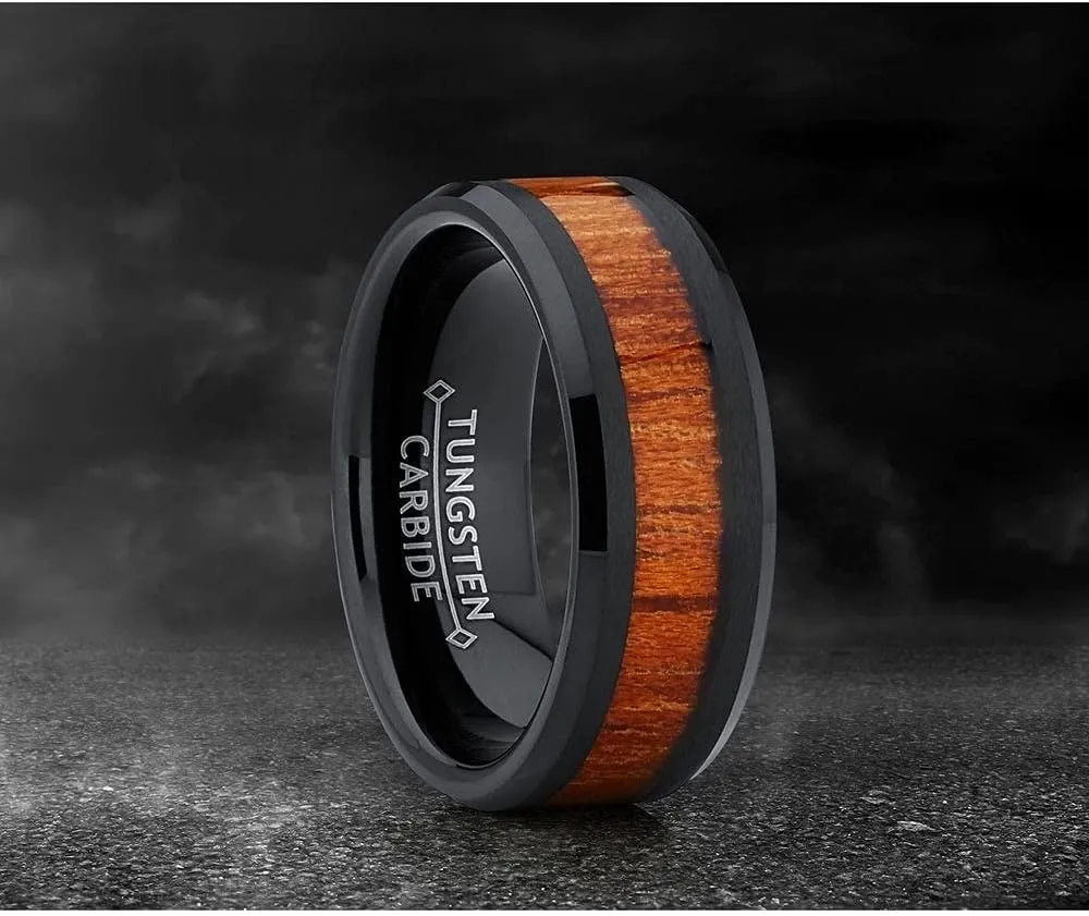 Free Personalized laser engraving Ring for Men and Ring for Women Ceramic Band Rings 9mm Pipe-Cut Black Ceramic Ring with Hawaiian Koa Inlay Wedding Band Ring Ideal Rings for couples