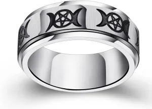 Fuqimanman2020 Goddess Pentagram Stainless Steel Wicca Pagan Triple Moon Spinner Band Ring Celtic Knot Rotatable Anxiety for Men Women Wedding Engagement Promise Jewelry